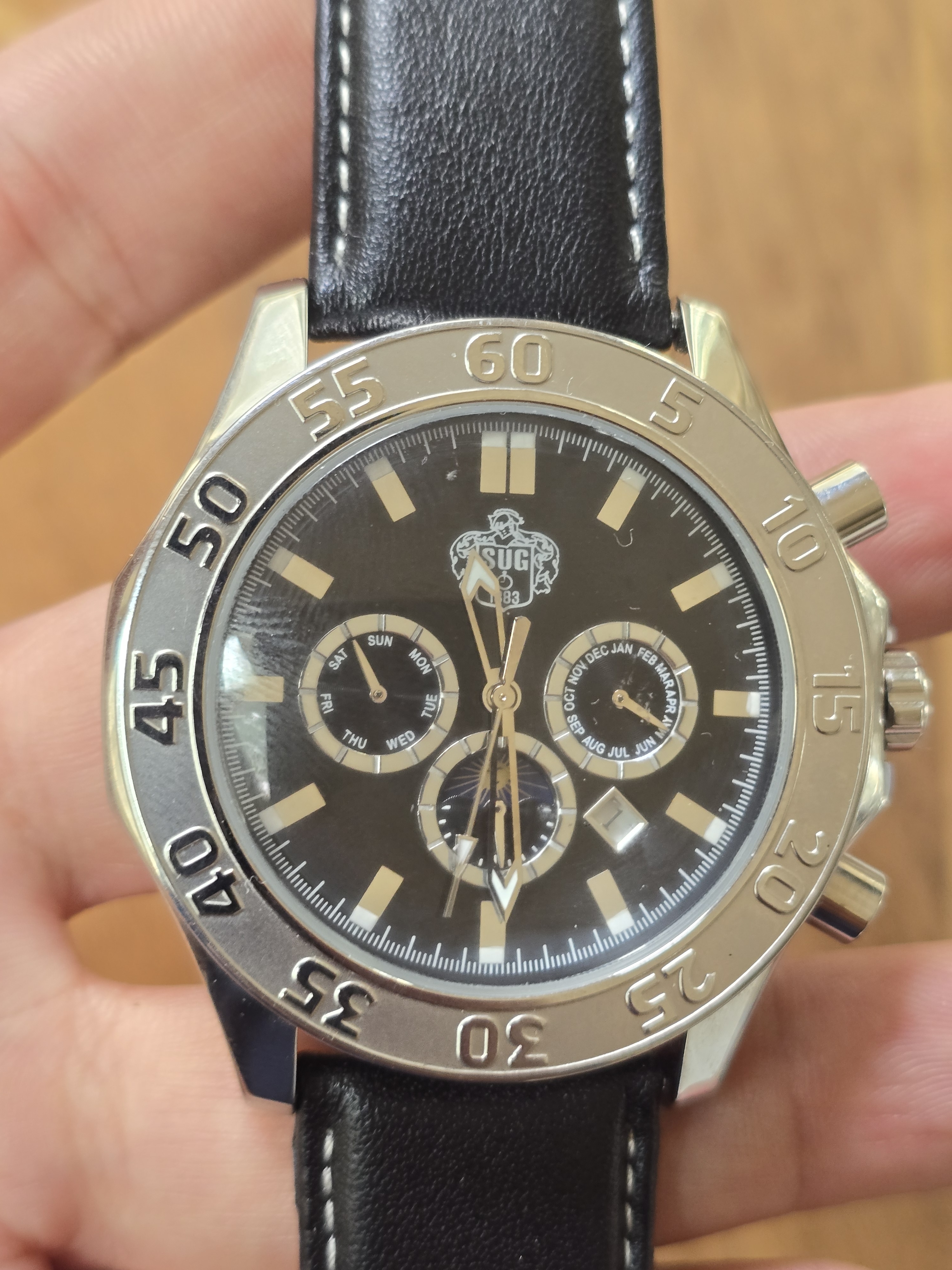 Mens Black Leather Chronograph Watch  Silver Case Automatic Watch